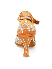 Carica immagine nella Galleria, MIRIAM Temptation Plus (L6) - Scarpa Da Donna in Raso Bronzo Tan Con Swarovski Boreali e Tacco a Rocchetto Wish Dance Shop