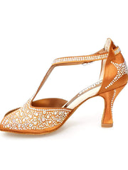 Carica immagine nella Galleria, MIRIAM Temptation Plus (L6) - Scarpa Da Donna in Raso Bronzo Tan Con Swarovski Boreali e Tacco a Rocchetto