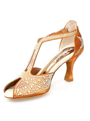 Carica immagine nella Galleria, MIRIAM Temptation Plus (L6) - Scarpa Da Donna in Raso Bronzo Tan Con Swarovski Boreali e Tacco a Rocchetto