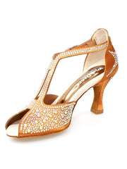Carica immagine nella Galleria, MIRIAM Temptation Plus (L6) - Scarpa Da Donna in Raso Bronzo Tan Con Swarovski Boreali e Tacco a Rocchetto Wish Dance Shop