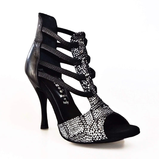 Sandalo donna Lilith (460) Wishdance in pitone silver con tallone e tacco in pelle nera, elegante e alla moda.