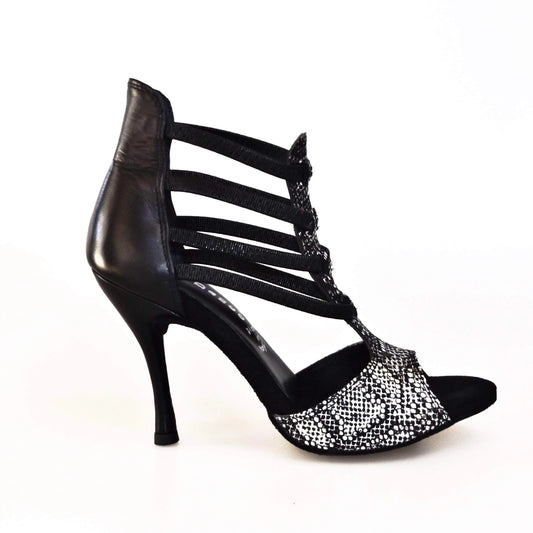 Sandalo donna Lilith 460 Wishdance in pitone silver con tallone e tacco in pelle nera, elegante e alla moda