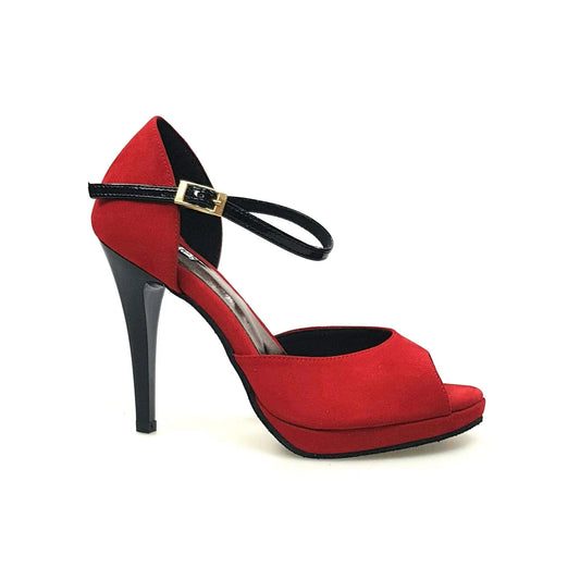 Sandalo da Donna in Camoscio Rosso Cinturino singolo in Vernice Nera Veronica Wish Dance, vista laterale