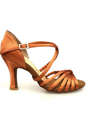 Carica immagine nella Galleria, Scarpa da ballo Wishdance Patty QC in raso bronzo con fascette, cinturino incrociato e tacco rocchetto, modello 28QC.