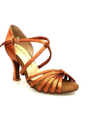 Carica immagine nella Galleria, Scarpa da ballo Wishdance Patty QC in raso bronzo con fascette e cinturino incrociato, tacco rocchetto, donna.