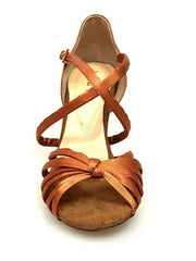 Carica immagine nella Galleria, Scarpa da ballo Wishdance Patty QC in raso bronzo con fascette, cinturino incrociato e tacco rocchetto, modello base da donna