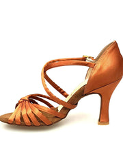 Carica immagine nella Galleria, Scarpa da ballo Wishdance Patty QC in raso bronzo con fascette e cinturino incrociato, tacco rocchetto, modello base da donna.