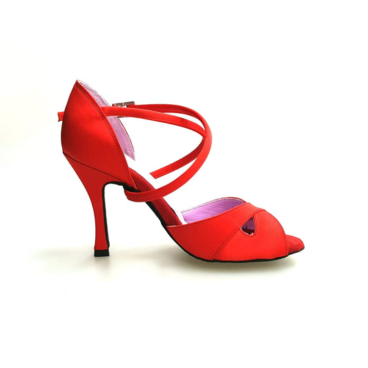 Scarpa Wishdance Ely QC donna in raso rosso con cuscino memorex, cinturino incrociato sul collo e tacco rocchetto.