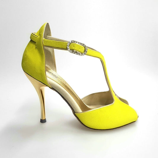 Scarpa donna Fascino (401) Wishdance in camoscio giallo lemon con profili oro e tacco laminato oro.