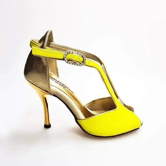 Scarpa donna Fascino (401) in camoscio giallo lemon con tacco in lurex oro, marca Wishdance, stile elegante e colorato