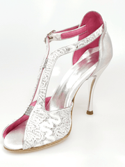 Load image into Gallery viewer, Wishdance Fascino - Scarpa da Donna in Pizzo Bianco e Tallone Lurex Argento
