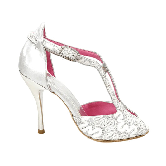 Scarpa donna Wishdance Sophie in pizzo bianco con glitter e tallone in lurex argento, tacco a spillo laminato argentato.