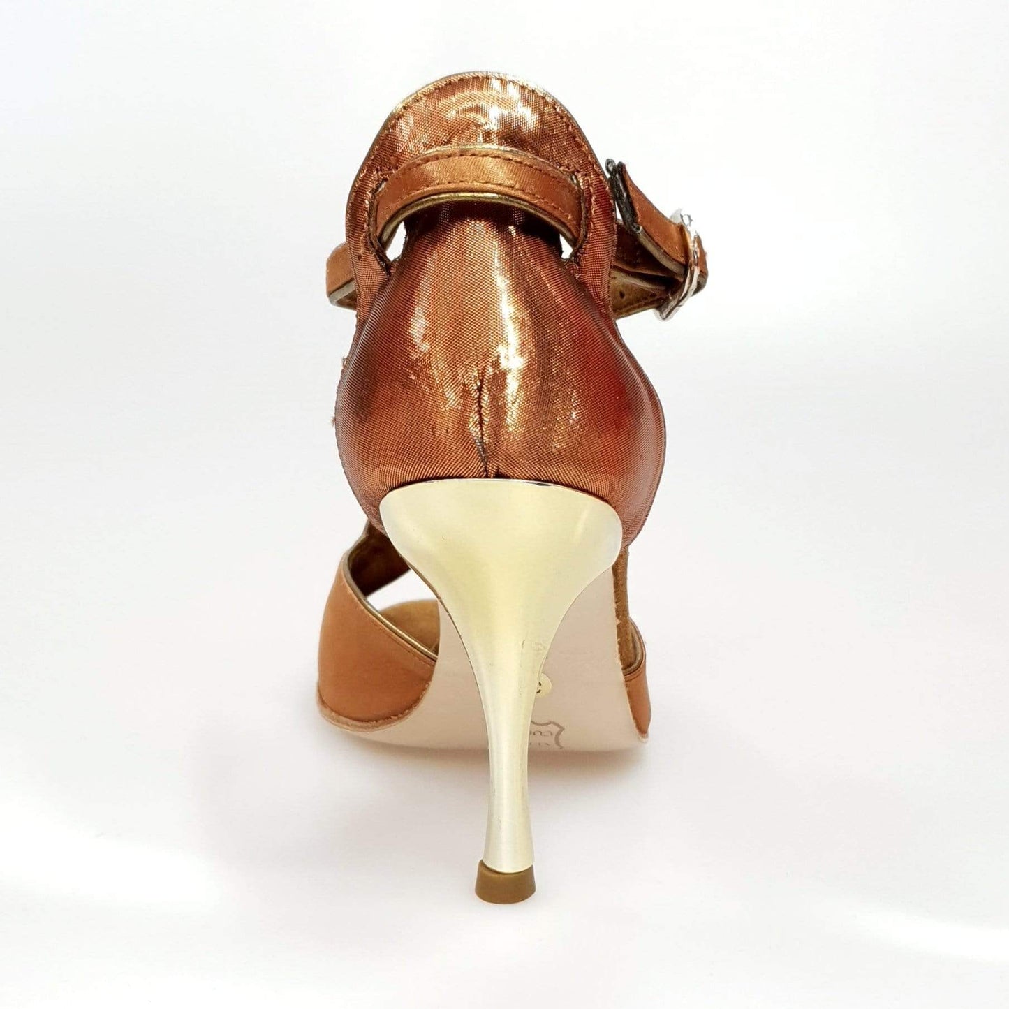 Scarpa da donna Wishdance ELIDE in raso e lurex bronzo con tacco a spillo laminato oro, elegante e raffinata.
