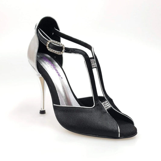 Scarpa da donna Wishdance ELIDE (401) in raso nero con dettagli in lurex argento, elegante e raffinata.
