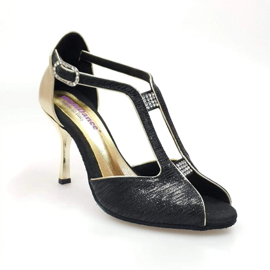 Scarpa da donna Wishdance Fascino (401) in Sofia nero con dettagli lurex oro, suola e cinturino elegante.