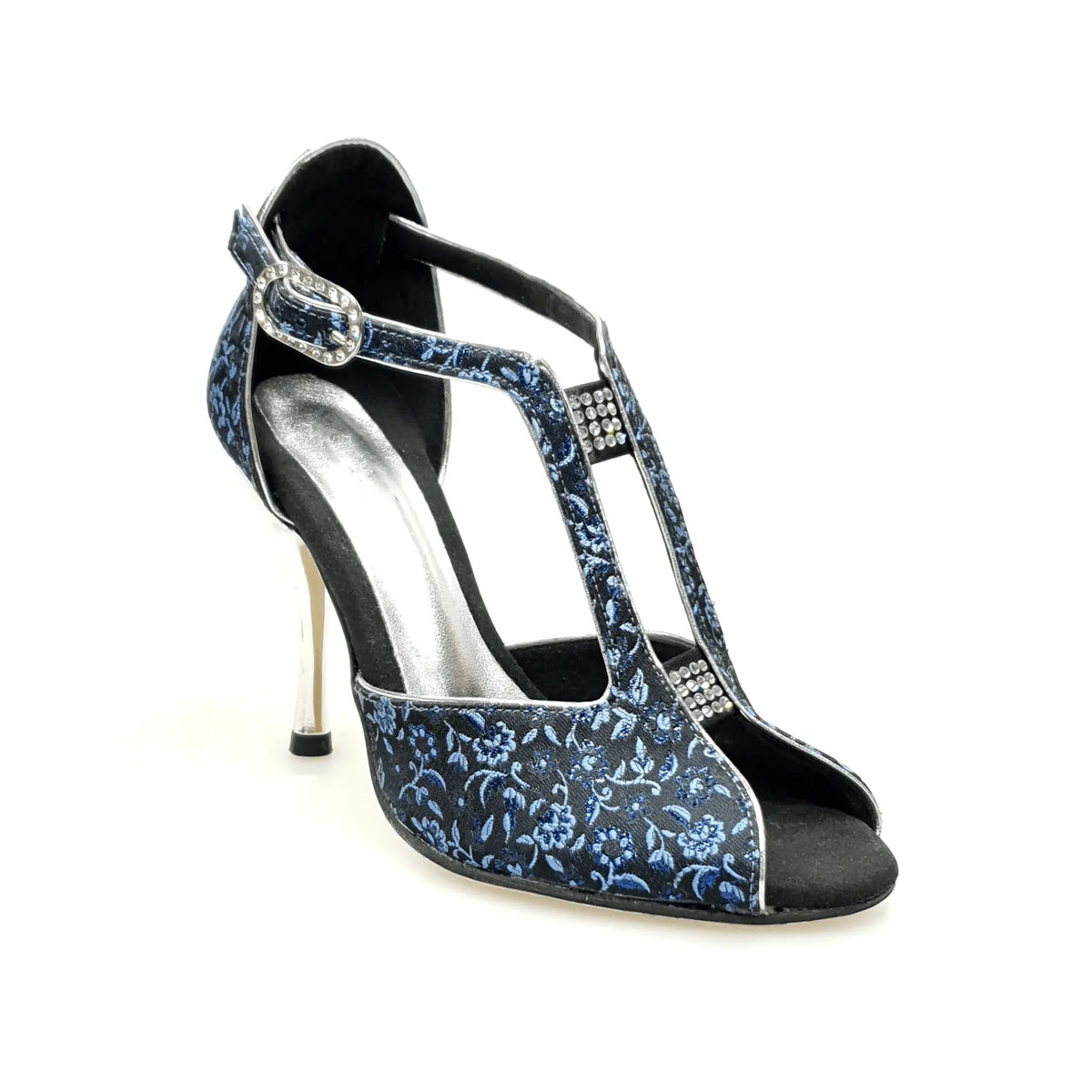 Scarpa da donna Wishdance Fascino 401 in tessuto veneziano blu con fiore, tacco a spillo e finiture laminate argento.