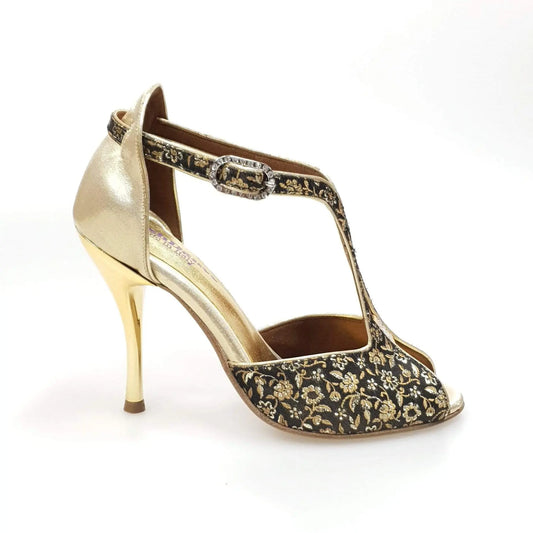 Scarpa donna Wishdance Fascino (401) in tessuto veneziano fiorato oro con tallone in lurex oro, elegante e brillante.