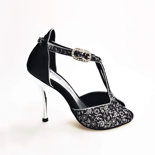 Scarpa da donna Wishdance Fascino (401) in tessuto veneziano fiorato silver e lurex nero, con dettagli eleganti.