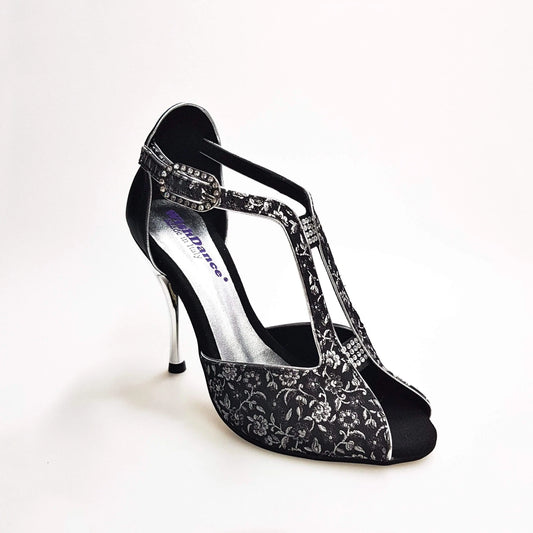 Scarpa da donna Wishdance Fascino (401) in tessuto veneziano fiorato silver e lurex nero, con dettaglio elegante e lucente.