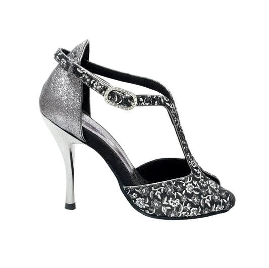 Scarpa da donna Wishdance Fascino (401) in tessuto veneziano fiorato silver con tallone in glitter, elegante e brillante.