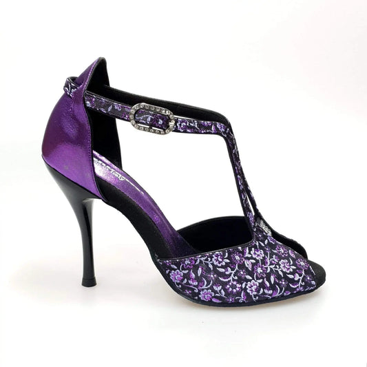Scarpa da donna Wishdance Fascino (401) in tessuto veneziano fiorato viola con tallone in lurex viola, elegante e colorata