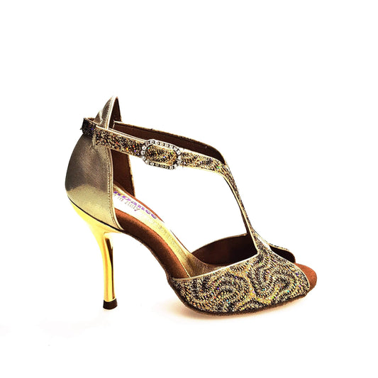 Scarpa da donna Wishdance Fascino (401) in tessuto lace e lurex oro, con dettagli eleganti e finitura brillante.