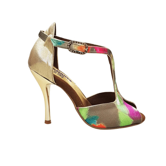 Scarpa da donna Wishdance Fascino (401) in tessuto Picasso verde con tallone in lurex oro e tacco a spillo laminato oro