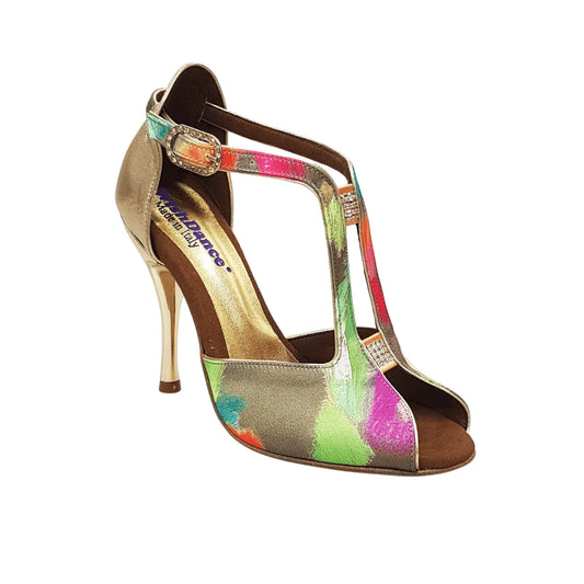 Scarpa da donna Wishdance Fascino (401) in tessuto verde Picasso con tacco a spillo in lurex oro e dettagli laminati oro