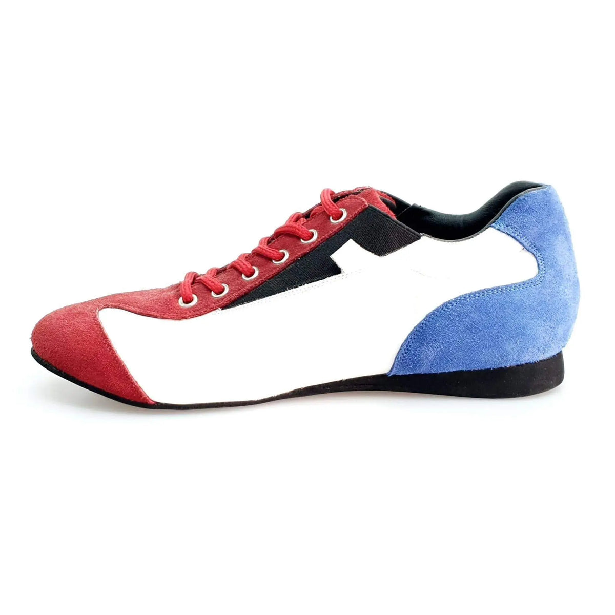 Scarpa Wishdance Ivan Camaguey sneaker bandiera cubana in camoscio rosso, blu royal e pelle bianca, stile extraconfort.