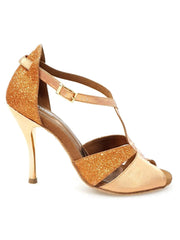 Load image into Gallery viewer, Sandalo da donna Wishdance Lidia in glitter marrone e lurex rame con tacco a spillo laminato oro ramato.