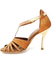 Load image into Gallery viewer, Sandalo da donna Wishdance Lidia in glitter marrone e lurex rame con tacco a spillo laminato oro ramato.