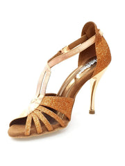 Load image into Gallery viewer, Sandalo da donna Wishdance Lidia in glitter marrone e lurex rame con tacco a spillo laminato oro ramato.