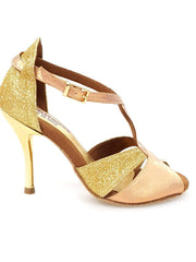 Load image into Gallery viewer, Sandalo da donna Wishdance Lidia in glitter oro e lurex tan con tacco a spillo lamina oro, scarpa elegante e brillante