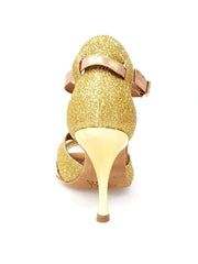 Load image into Gallery viewer, Sandalo da donna Wishdance Lidia in glitter oro e lurex tan con tacco a spillo lamina oro, dettaglio elegante e raffinato