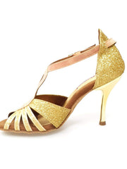 Load image into Gallery viewer, Sandalo da donna Wishdance Lidia in glitter oro e lurex tan con tacco a spillo lamina oro, elegante e brillante.