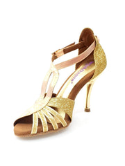 Load image into Gallery viewer, Sandalo da donna Wishdance Lidia in glitter oro e lurex tan con tacco a spillo lamina oro, aperto sul tallone.