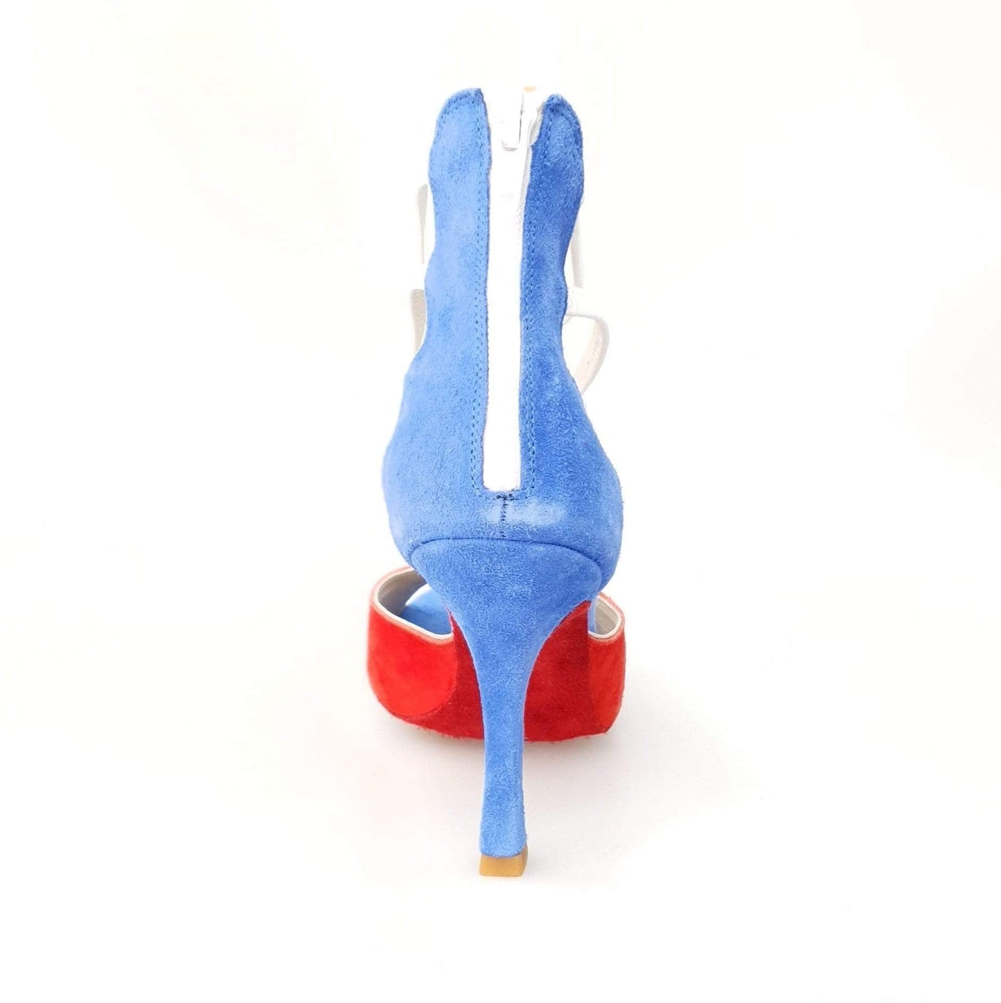 Sandalo da donna Wishdance Lilith Zip in camoscio rosso e blu con zip bianca sul tallone, stile bandiera di Cuba.