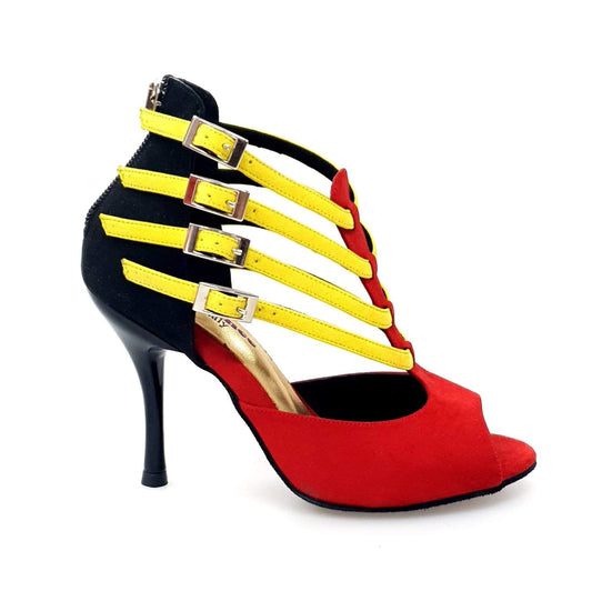 Scarpa da donna Wishdance Lussuria in camoscio rosso e nero con cinturini gialli e tacco slim, dettaglio elegante e colorato