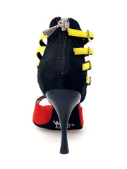 Carica immagine nella Galleria, Lussuria (779) - Scarpa da Donna in Camoscio Rosso e Nero con Cinturini Gialli e Tacco Slim