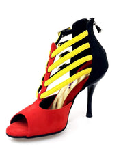 Carica immagine nella Galleria, Lussuria (779) - Scarpa da Donna in Camoscio Rosso e Nero con Cinturini Gialli e Tacco Slim Wishdance