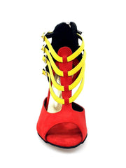 Carica immagine nella Galleria, Lussuria (779) - Scarpa da Donna in Camoscio Rosso e Nero con Cinturini Gialli e Tacco Slim Wishdance