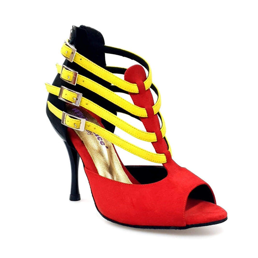 Scarpa donna Wishdance Lussuria in camoscio rosso e nero con cinturini gialli e tacco slim, stile elegante e moderno