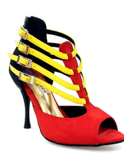 Carica immagine nella Galleria, Lussuria (779) - Scarpa da Donna in Camoscio Rosso e Nero con Cinturini Gialli e Tacco Slim