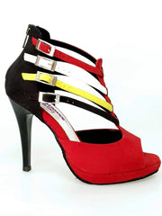 Carica immagine nella Galleria, Wishdance Lussuria - Scarpa da Donna in Camoscio Rosso e Nero con Cinturini in stile Samakaka con Tacco a Spillo e Plateau
