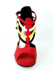 Carica immagine nella Galleria, Wishdance Lussuria - Scarpa da Donna in Camoscio Rosso e Nero con Cinturini in stile Samakaka con Tacco a Spillo e Plateau