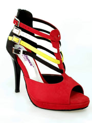 Carica immagine nella Galleria, Wishdance Lussuria - Scarpa da Donna in Camoscio Rosso e Nero con Cinturini in stile Samakaka con Tacco a Spillo e Plateau