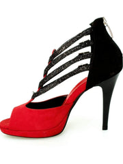 Carica immagine nella Galleria, Wishdance Lussuria - Scarpa da Donna in Camoscio Rosso e Nero con Tacco a Spillo e Plateau