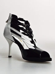 Carica immagine nella Galleria, Wishdance Lussuria - Scarpa da Donna in Vernice Nera e Bianca con Tacco a Rocchettino