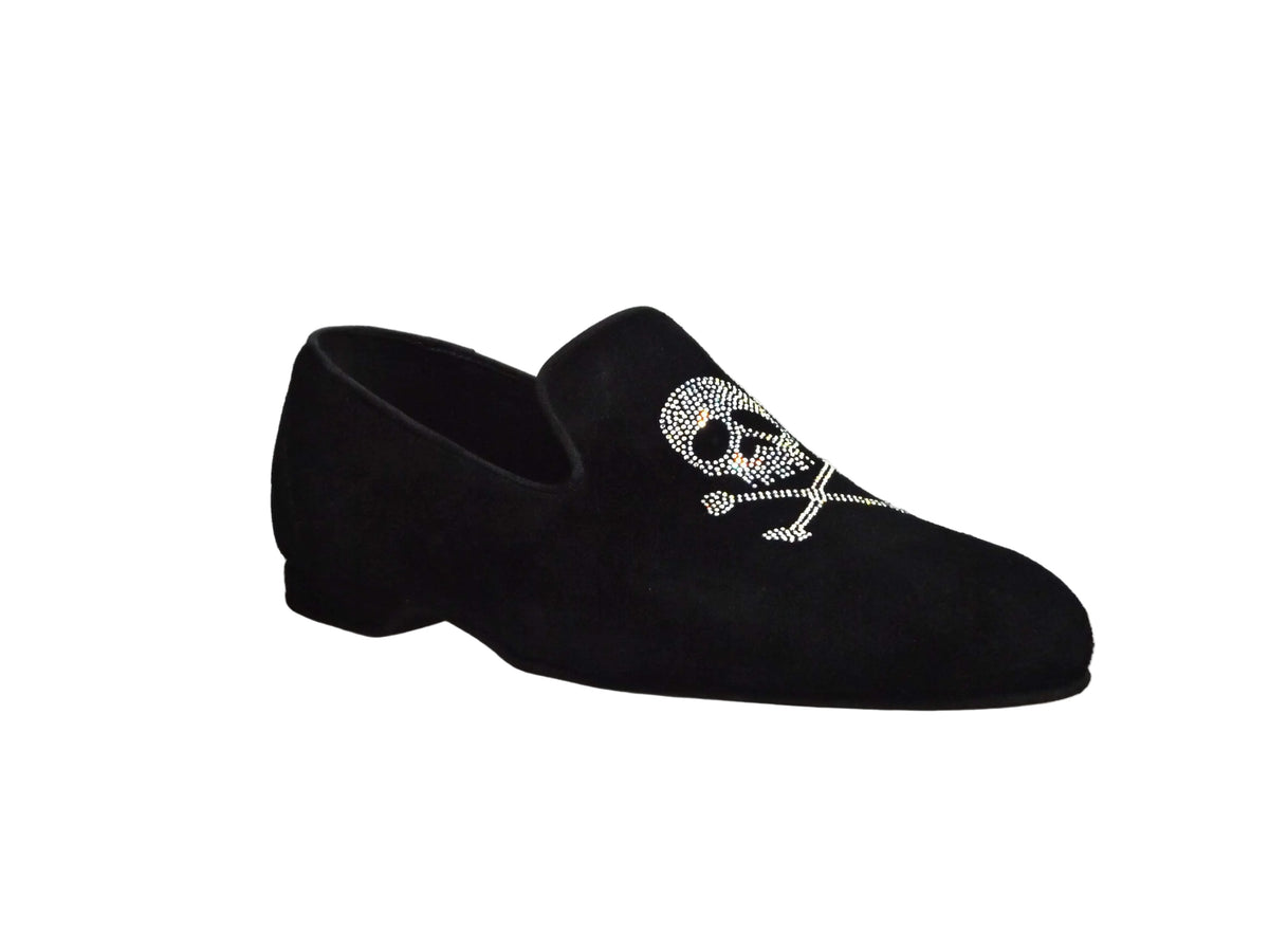 Scarpa mocassino Uomo Wishdance El Teschio in camoscio nero con borchiette oro e disegno teschio, dettagli eleganti.