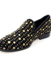 Load image into Gallery viewer, Wishdance Mocassino Jack Sparrow in Camoscio nero Swarovski Neri incastonati con Borchie dorate e Fondo Cuoio Premium